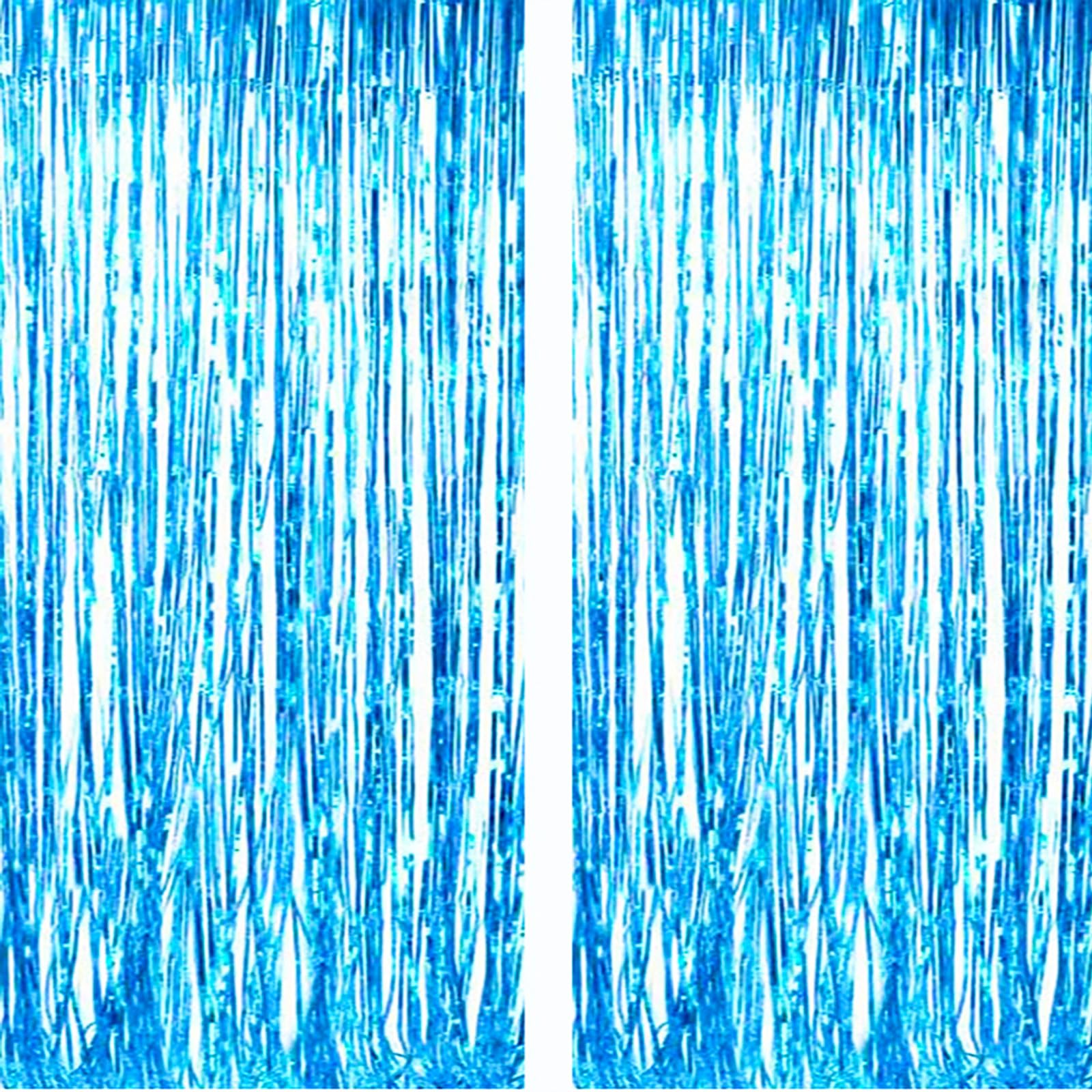 Light Blue Backdrop Streamers - AILEXI 2 Pack 3.2 ft x 6.56 ft Metallic Tinsel Foil Fringe Curtains for Party Decorations
