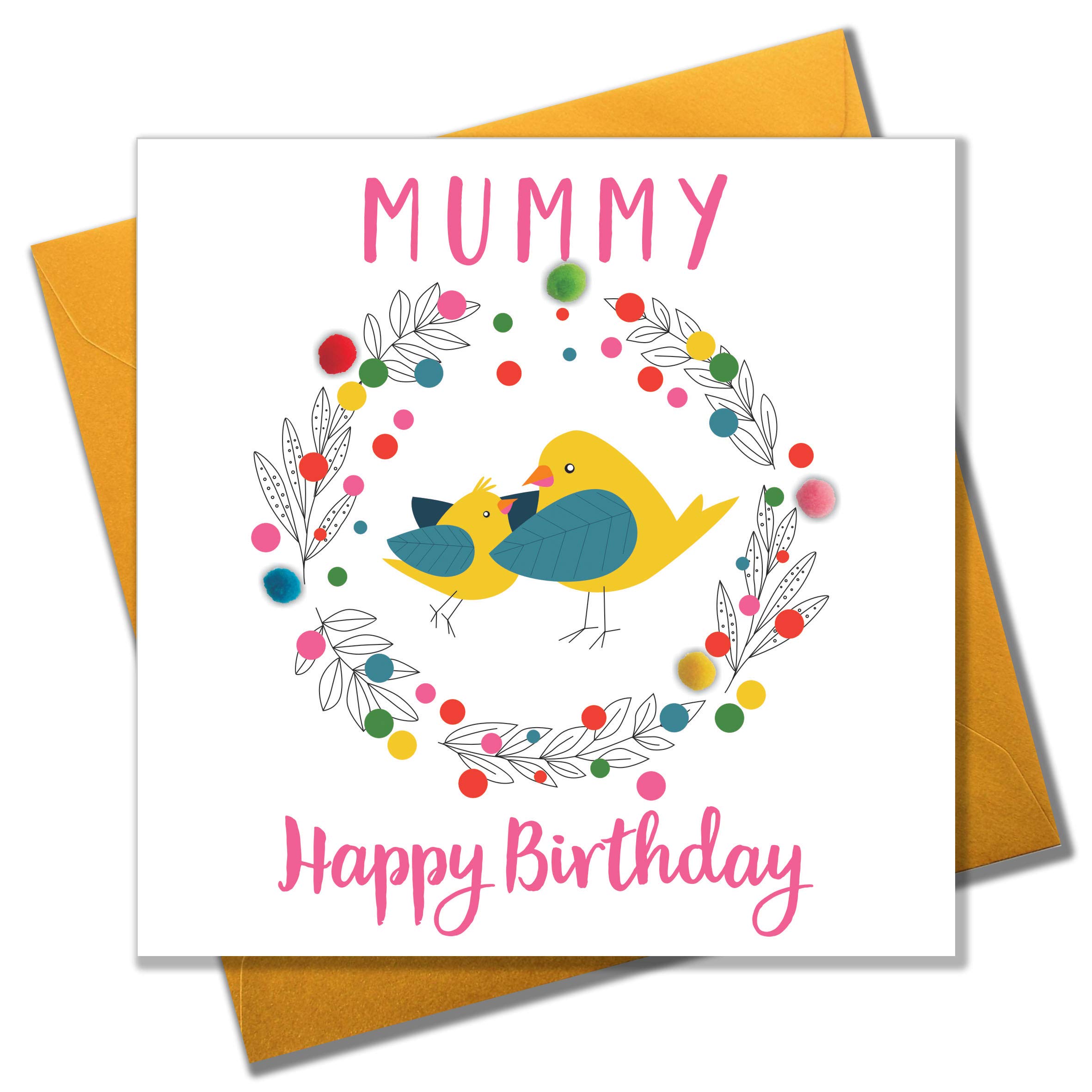 Claire Giles Greeting Cards, Happy Birthday Mummy Card, Mummy Bird design Birthday Greeting Card, Embellished with colourful Pompoms