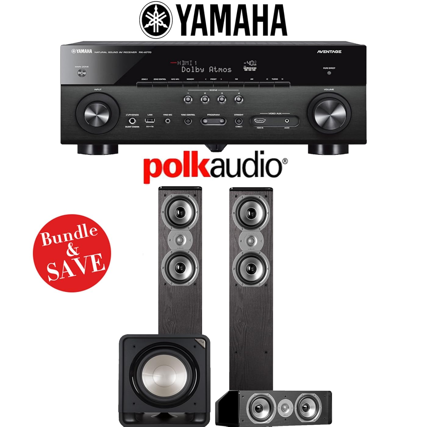 Yamaha AVENTAGE RX-A770BL 7.2-Ch 4K Network AV Receiver + Polk Audio TSi 300 + Polk Audio CS10 + Polk Audio HTS12 - 3.1-Ch Home Theater Package