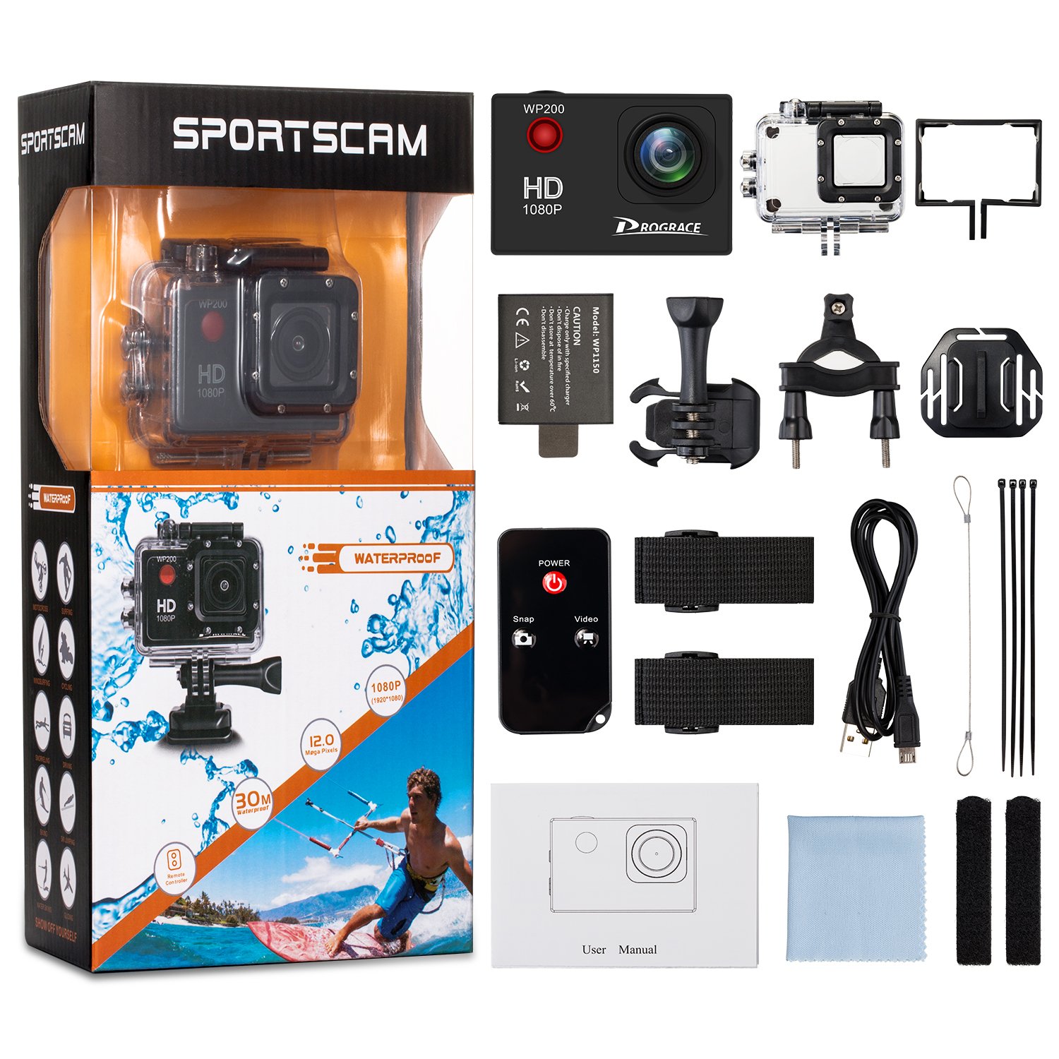Prograce Action Camera Underwater Video Cam 1080P Full HD 12MP 2\