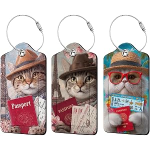 Funny Cat Passport 3 Pack Luggage Tags for Suitcases,PU Leather Baggage Suitcases Tag Name ID Label Privacy Cover Travel Bag