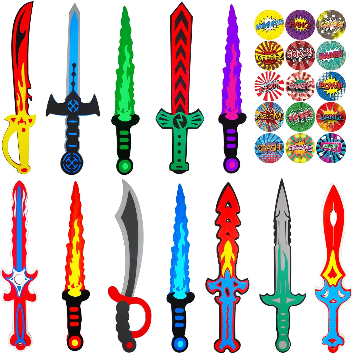 Funtoga 12 Foam Toy Swords for Kids Ninja Pirate Weapon Bulk Party Supplies Set + Superhero Stickers