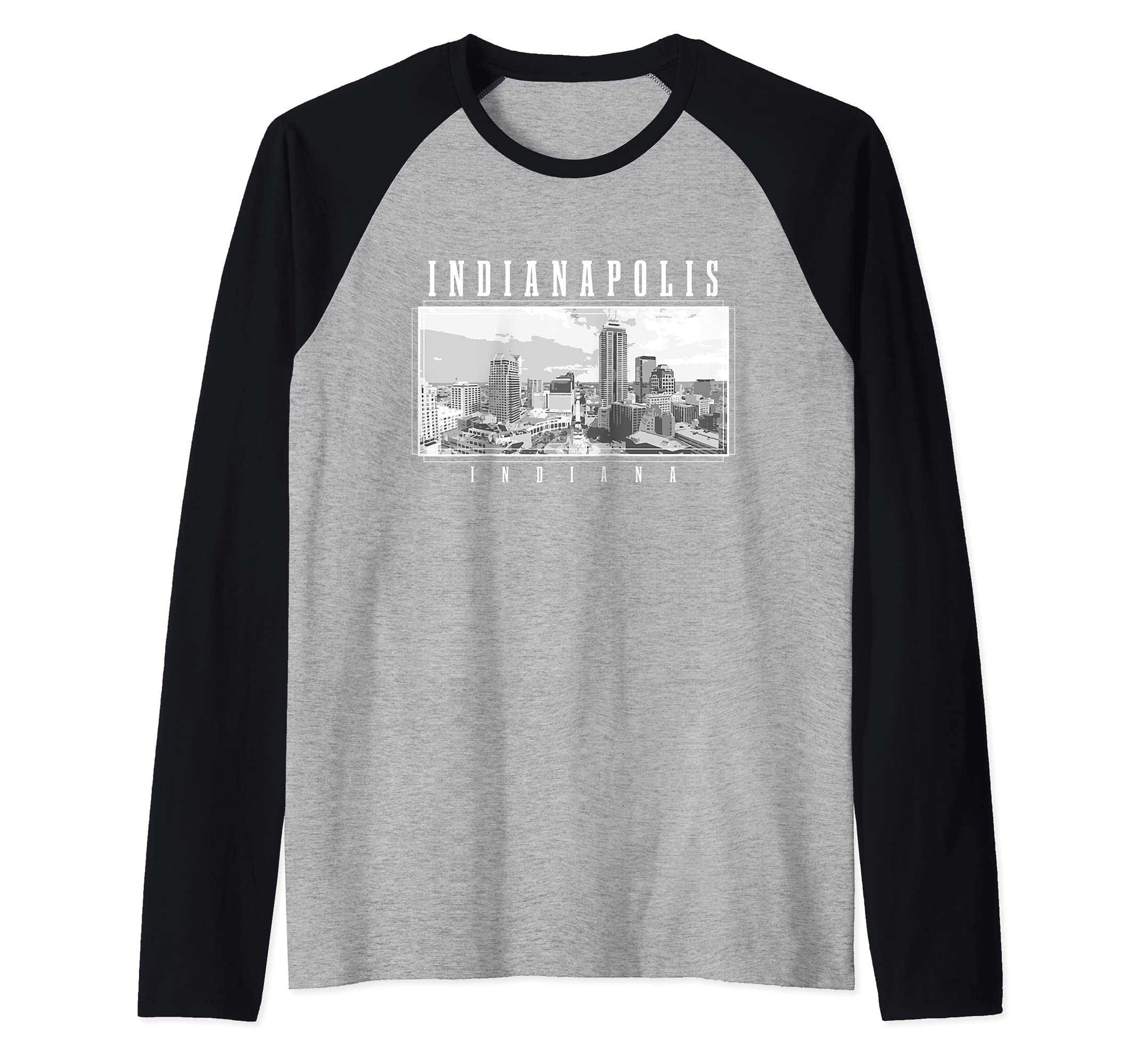 Indianapolis Indiana Vintage Skyline Black & White Raglan Baseball Tee
