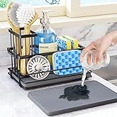 HapiRm Sink Caddy Sponge Holder - Kitchen Sink Organizer with Instant Drying Stone and Brush Holder, Stainless Steel Sponge Caddy for Kitchen Countertop - Black