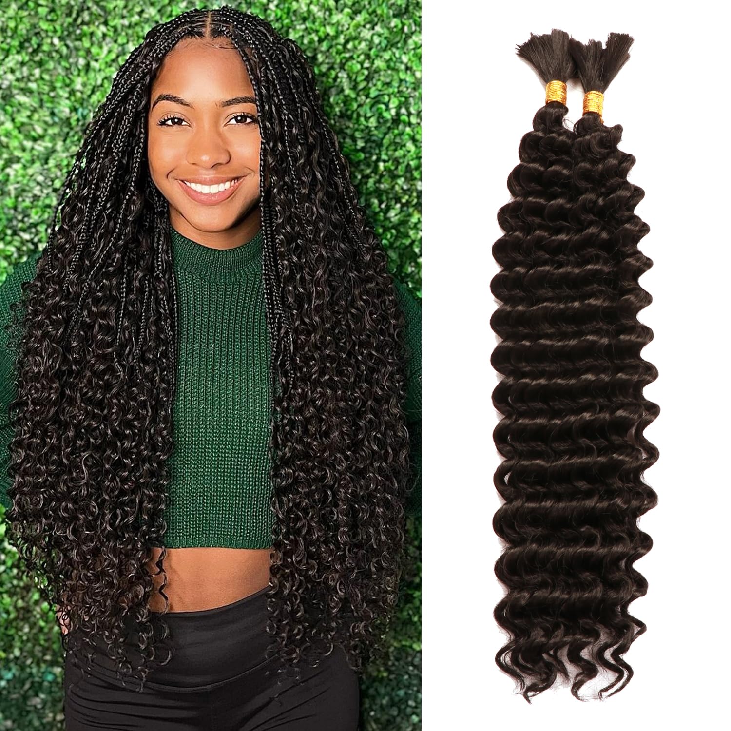 18 Inch Curly Braiding Hair for Boho Braids 2 Bundles 100g Synthetic Deep Wave Bulk No Weft Wet and Wavy Crochet Hair for Women Knotless Braids Hair Extensions (1B#, 18 Inch(50g/Bundle x2)) — image 1