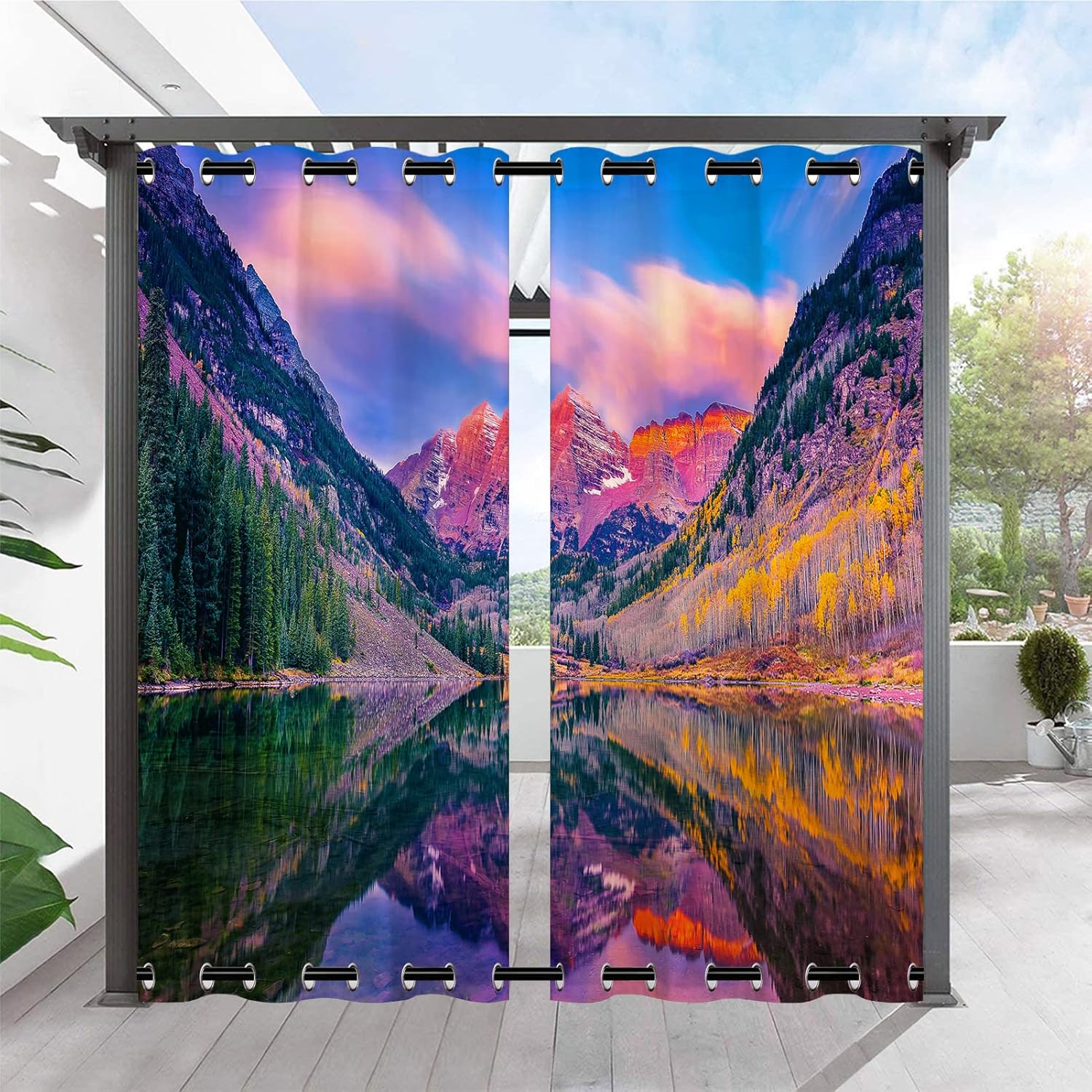 Outdoor Curtains - ANHOPE Outdoor Curtains Waterproof Windproof Grommet Top & Bottom Curtains Autumn Nature Lake Mountain Print Pattern Outside Curtains for Patio Gazebo Pergola Garden Porch Pool 2 Panels 60 x 120 Inch