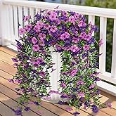 Ouddy Decor 4 Pcs Artificial Hanging Flowers for Outdoors, Purple Mixed | Fake silk daisy flowers, UV resistant, faux hanging plants, for summer patio fence planter porch indoor outdoor home decor
