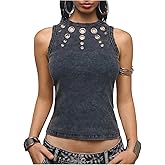 SweatyRocks Women's Y2k Grunge Crew Neck Distressed Concert Tank Tops Punk Rock Cut Out Sleeveless Going Out Top