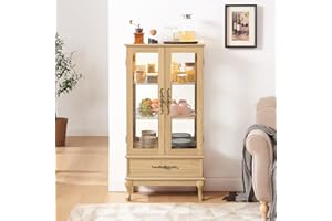 Firscook Curio Cabinet with Lighted,Tall Leg Glass Door Antique Cabinet with 1 Drawer, Curio Display Cabinet with Adjustable Glass Shelves,Corner China Cabinet for Living Room (Light Oak)
