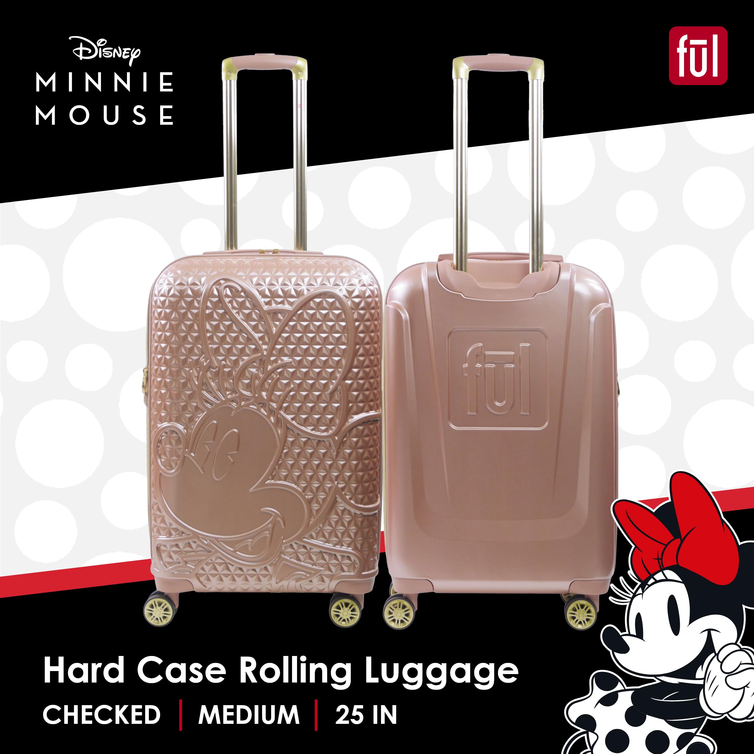 FUL Disney Minnie Mouse Rolling Luggage, Textured Hardshell Suitcase with Wheels, Rose Gold, 25 Inch