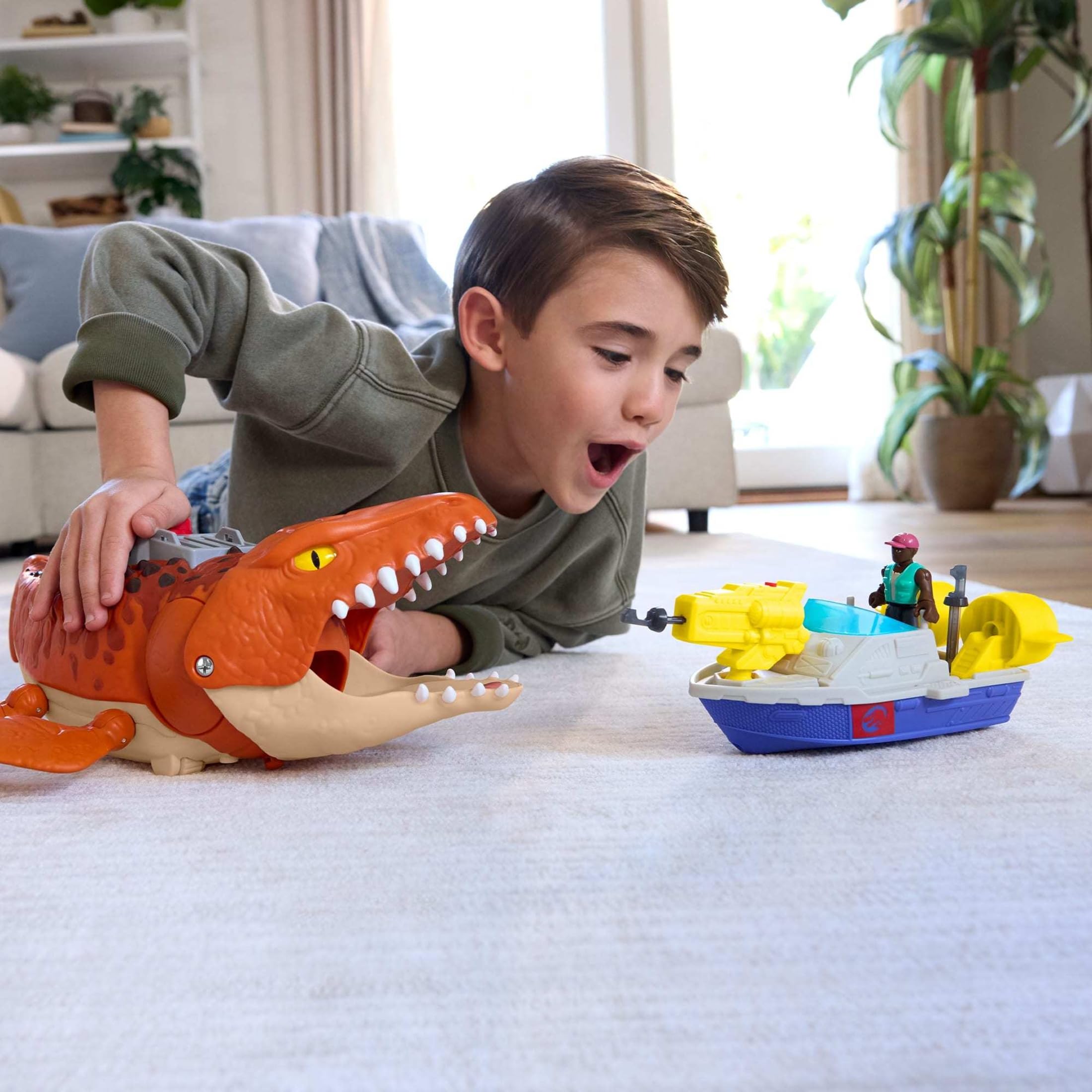 Fisher-Price Imaginext Jurassic World Rebirth Aquachomp Chase Mosasaurus 18-inch Dinosaur Toy with 3-inch Action Figure, Launcher Boat & 2 Projectiles