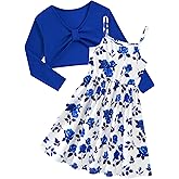 Kimoda Girl's 2 Piece Outfit Printed Cami Dress with Long Sleeve Bow Crop Cardigan Set for 5-12 Years