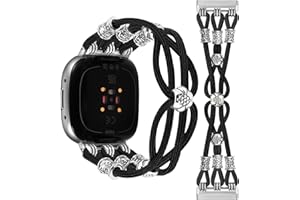 TOYOUTHS Beaded Bracelet Band Compatible with Fitbit Versa 4/Versa 3/Sense 2/Sense Bands Women, Boho Soft Elastic Stretchy Nylon Braided Strap Fancy Charms Designer Breathable Sport Wristband