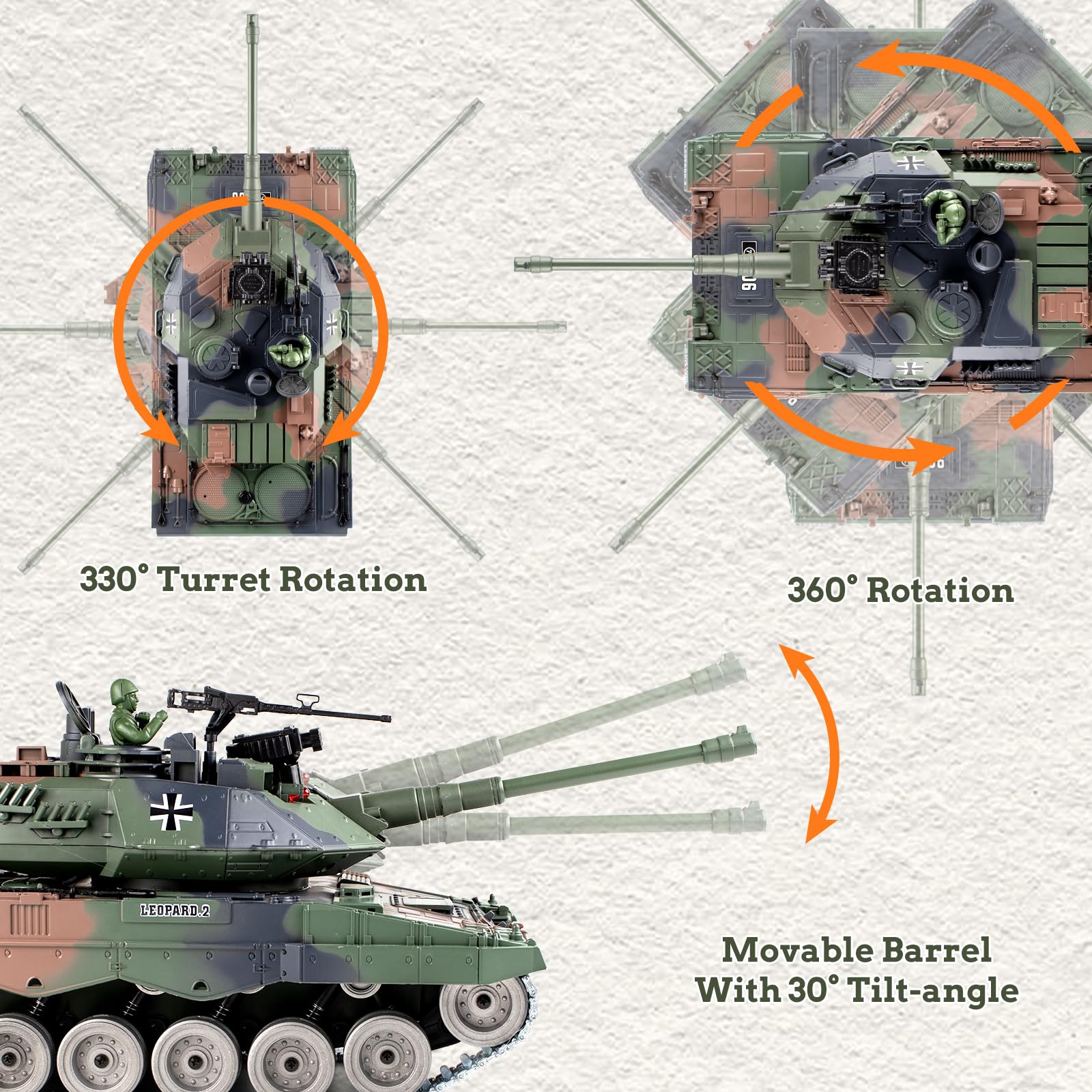 Supdex 1:18 RC Tank, 2.4Ghz Metal German Leopard II Remote Control Model Toys, RC Vehicle Military Tank That Shoots BBS and Water Bombs, Army Toy for Adults and Kids with Smoke, Lights, Sound, Recoil