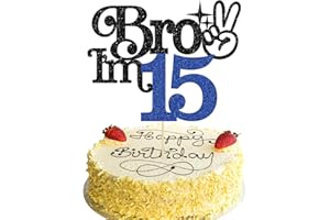 Gyufise 1Pc Brother I'm 15 Cake Topper Glitter Happy 15th Birthday Cake Pick Bro I'm 15 Cake Decoration It's My 15th Birthday Decorations for Boy Cheers to 15 Years Old Party Supplies Blue Black
