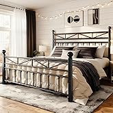EnHomee Queen Size Metal Platform Bed Frame, 54" Tall Headboard and LED Lights, Victorian Vintage Headboard and Footboard, Under Bed Storage, Heavy Duty Metal Slats & Noise Free, Black