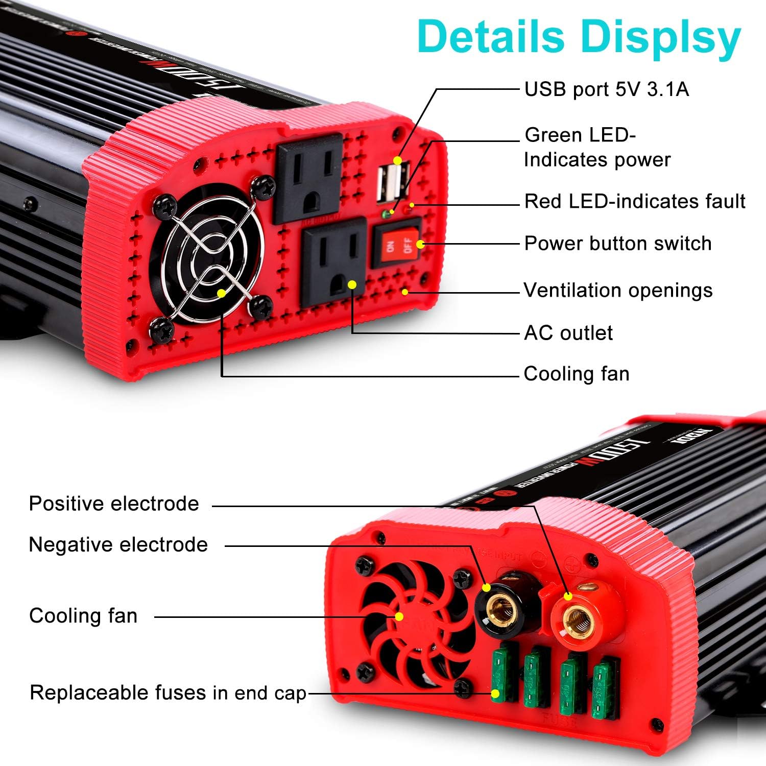 NDDI 1500W Car Power Inverter 12V DC to 110V AC Car Converter Charger Adapter with Dual 3.1A USB Port and AC Outlets Quick Charging: Automotive