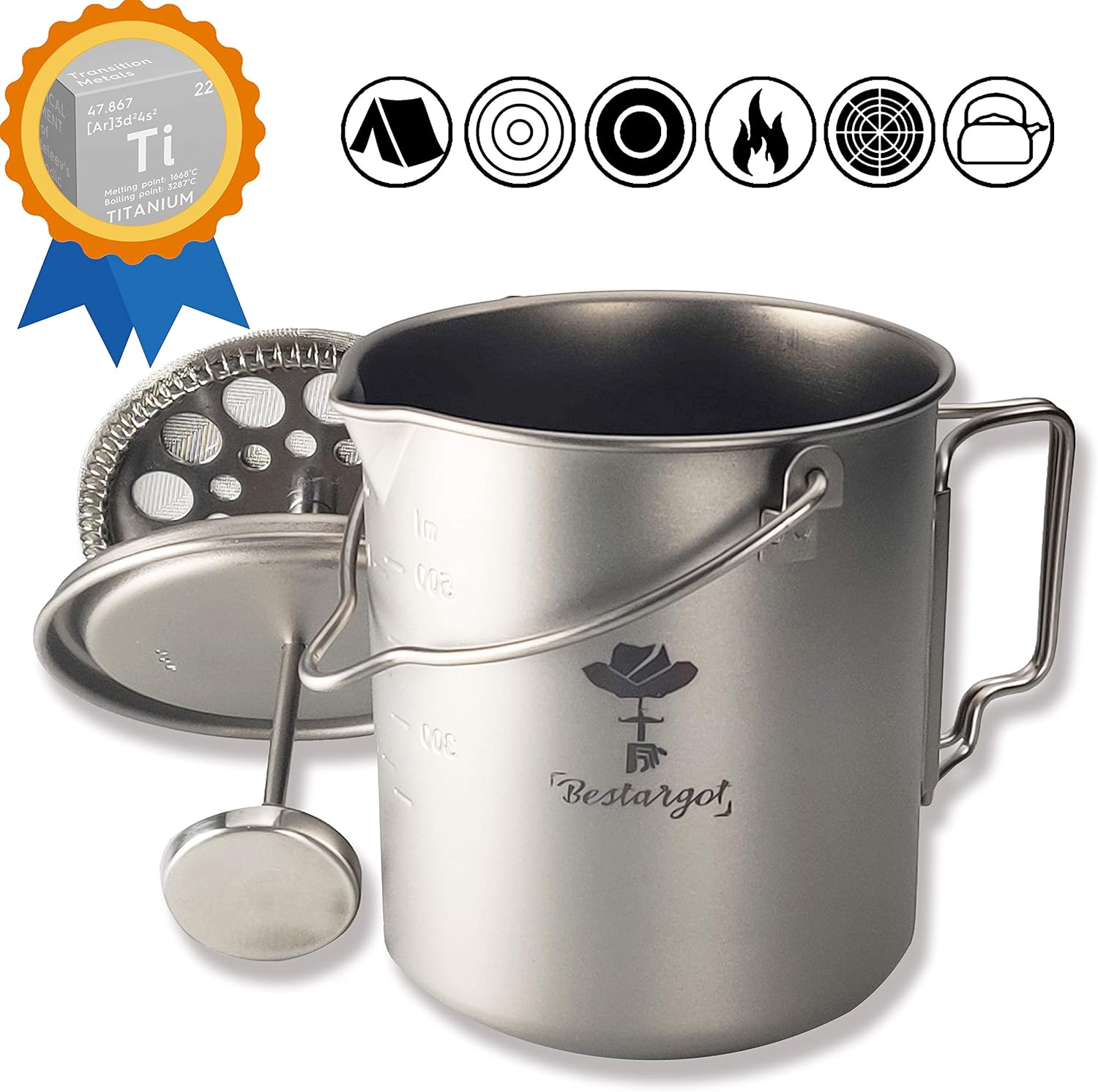 Bestargot Camping Titan Becher Topf, French Press Titanium