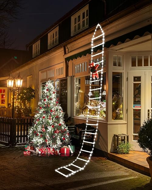 iShabao 9.8Ft Ladder Christmas Lights with Santa Claus - 338 LED Outdoor Christmas Lights Mains Powered with Timer, Memory Function, 8 Modes Ladder Lights for Indoor Outdoor Xmas Decor(White)