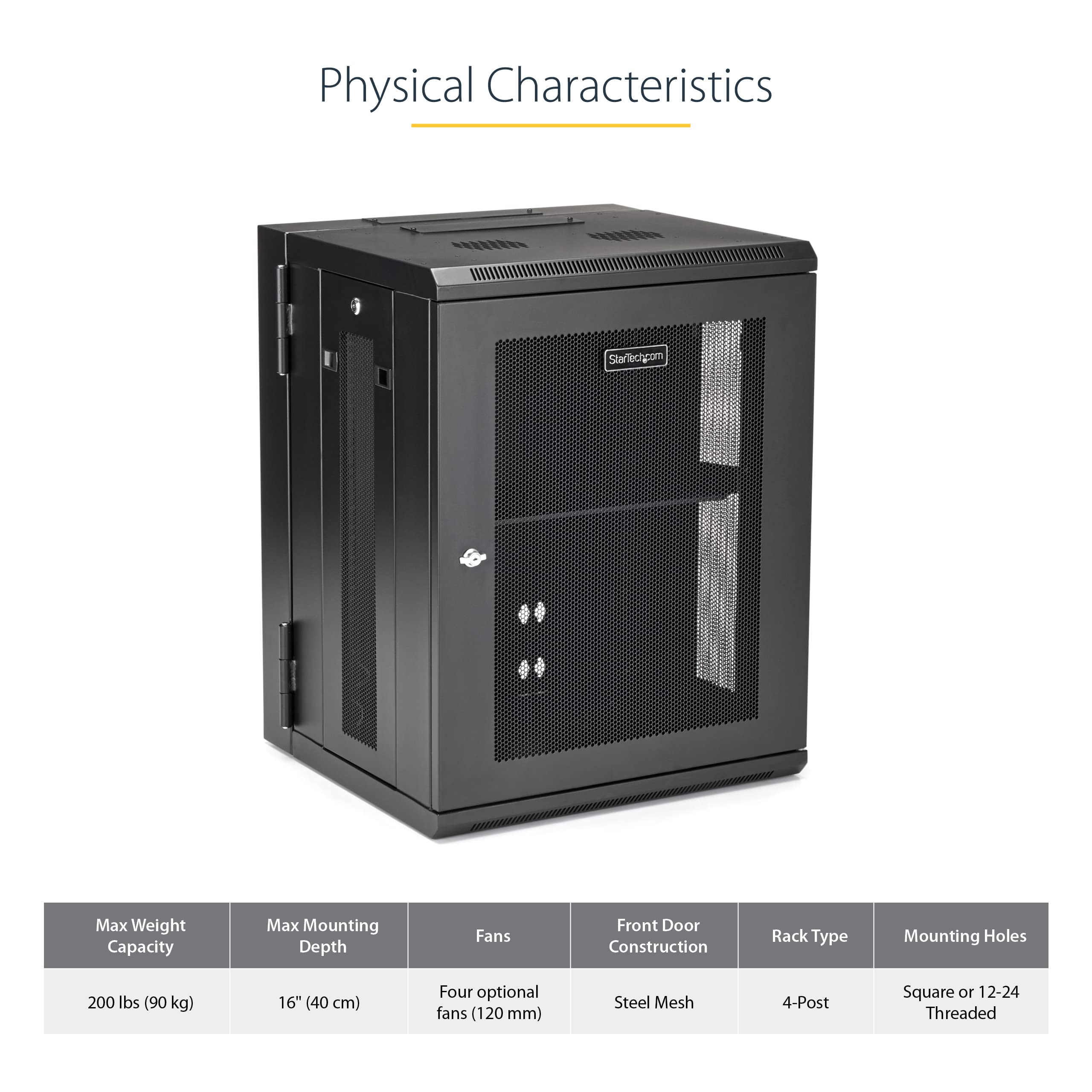 StarTech.com 4-Post 15U Wall Mount Network Cabinet w/ 1U Shelf, 19