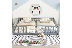 Bellemave Double Floor Bed for Twins,Two Shared Beds,Twin Size Floor Bed for 2 Kids,Double Twin Bed with Guardrails for Girls,Boys,Gray