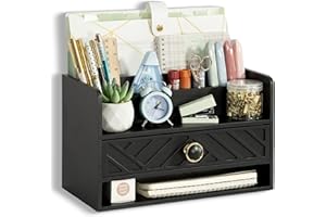 dreampossible Black Wood Desk Organizer and Accessories with Drawer, Bill Mail Organizer and File Mail Holder for Office Supplies, Desk Accessories & Workspace Organizers for Desk Organization
