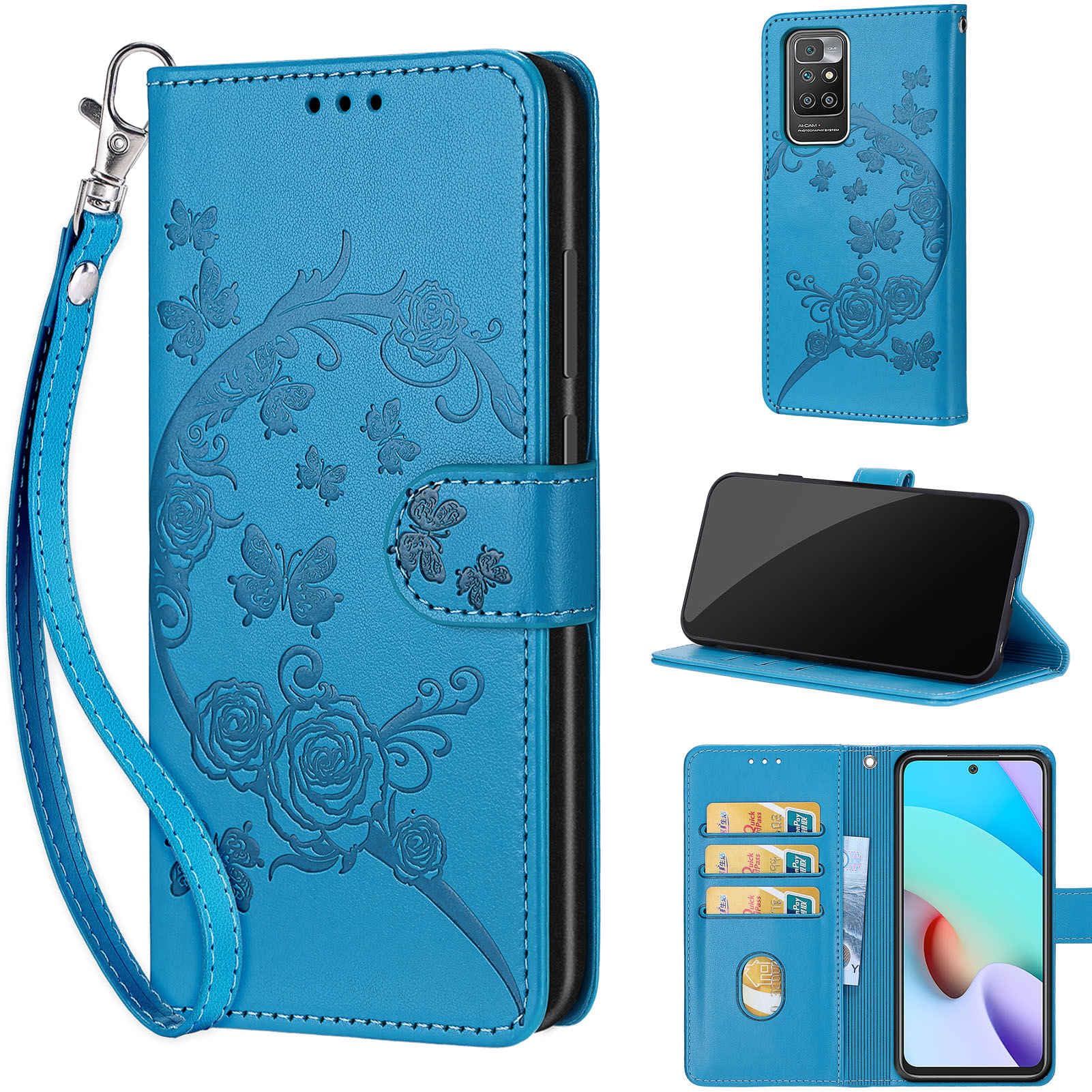 for Xiaomi Redmi 10 (2021/2022) Case, Embossed Premium PU Leather Folio Flip Notebook Wallet Cover Compatible with Xiaomi Redmi 10 Phone Case[Kickstand][Card Slots], Blue Flower