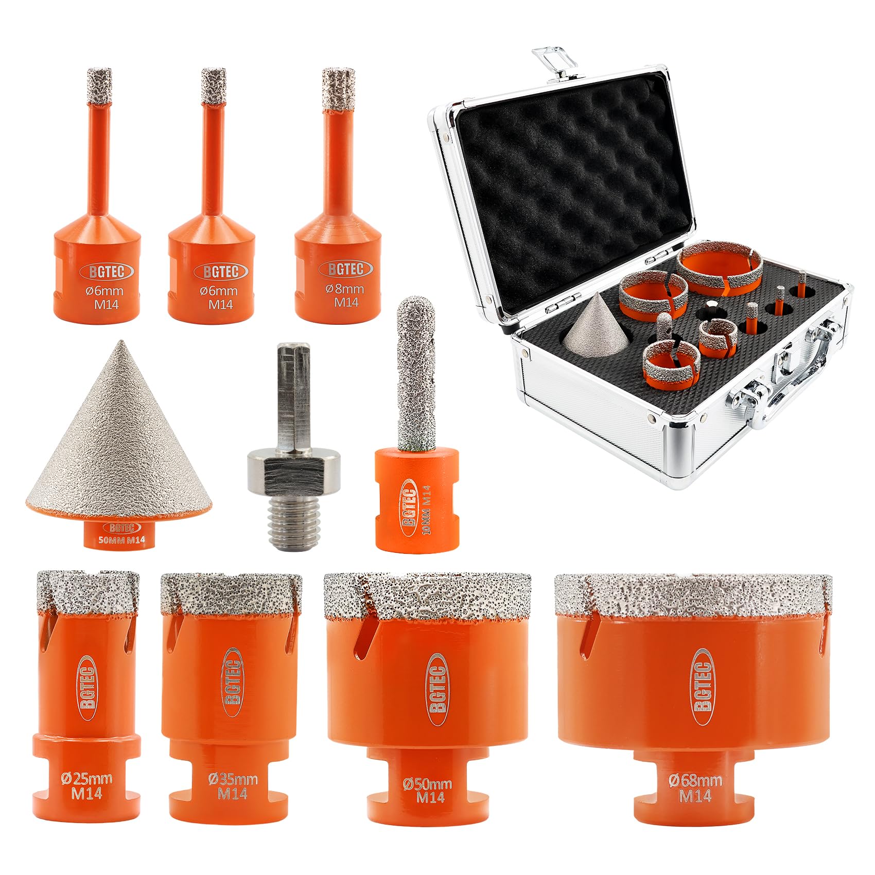 BGTEC Diamond Core Drill Bits Set - 6/6/8/25/35/50/68mm Diamond Hole Saw Kit & 50mm Chamfer Bit & 10mm Finger Bit for Porcelain Ceramic Tile Granite Marble Stone
