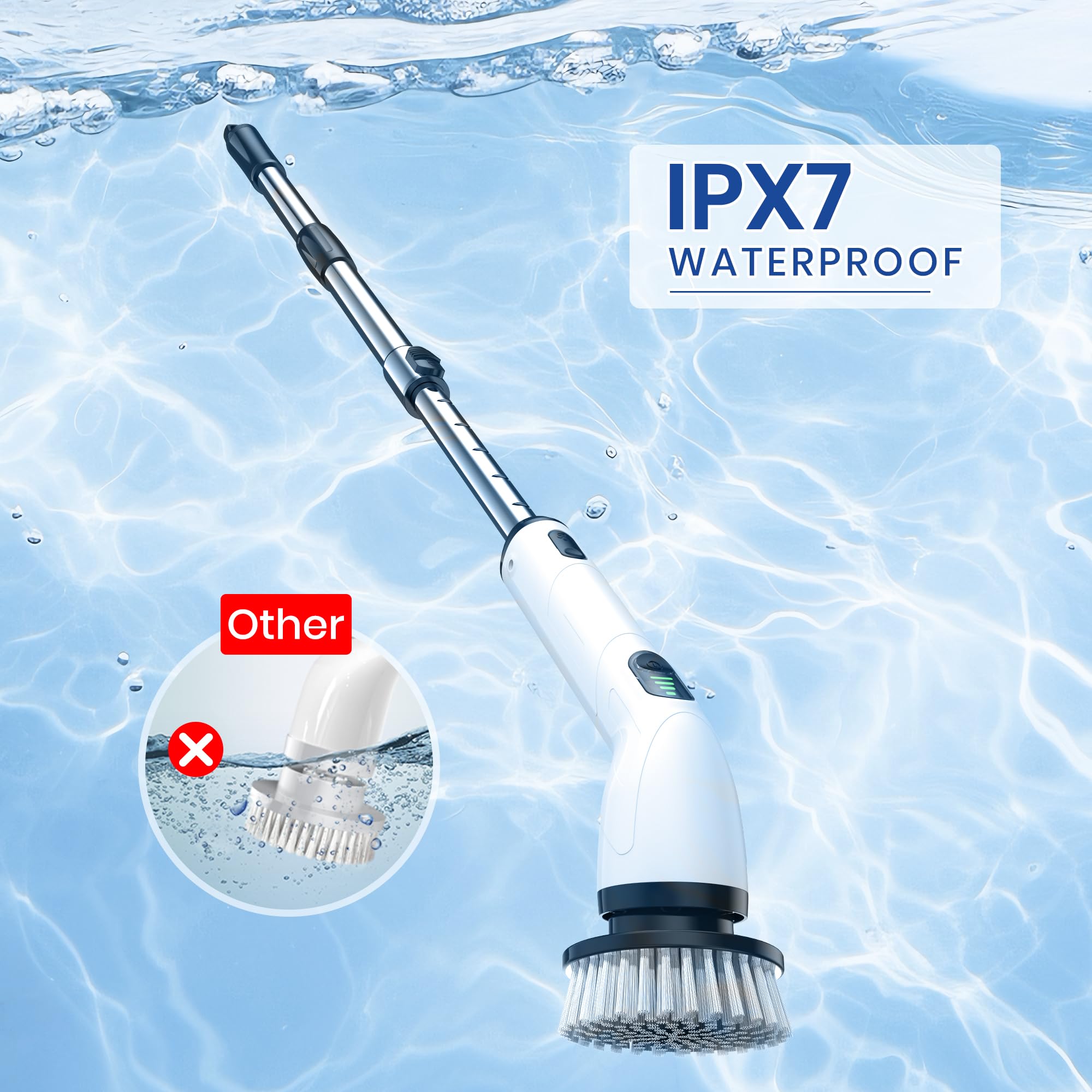 Keimi Electric Spin Scrubber, Full-Body IPX7 Waterproof Cordless Shower Scrubber with 4 Replaceable Heads, Upgraded Extension Handle, 2H Work Time, 2 Speeds for Bathroom Shower Tile Glass