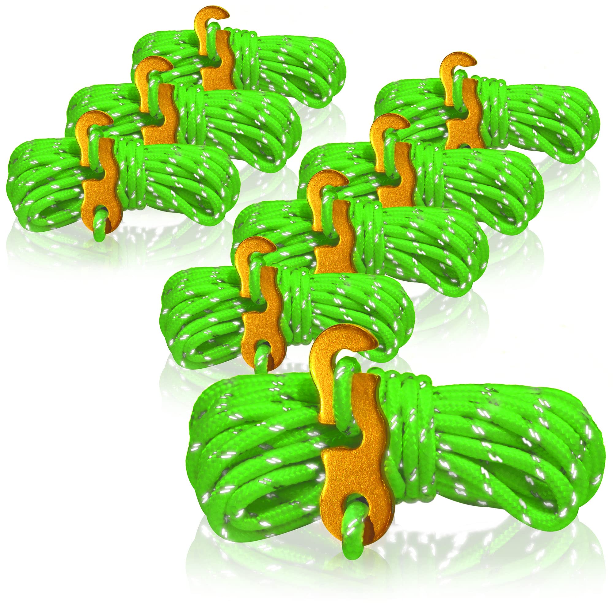 COM-FOUR® 8x guy ropes, each 4m for camping, reflective in green - tent cord with aluminum buckle - tension cord - camping cord - rope tensioner - tent rope - storm strap