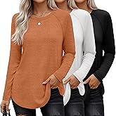 Ficerd 3 Pack Women's Long Sleeve T-Shirts Crew Neck Raglan Sleeve Casual Loose Fit Shirts Side Split Curved Hem Tunic Tops