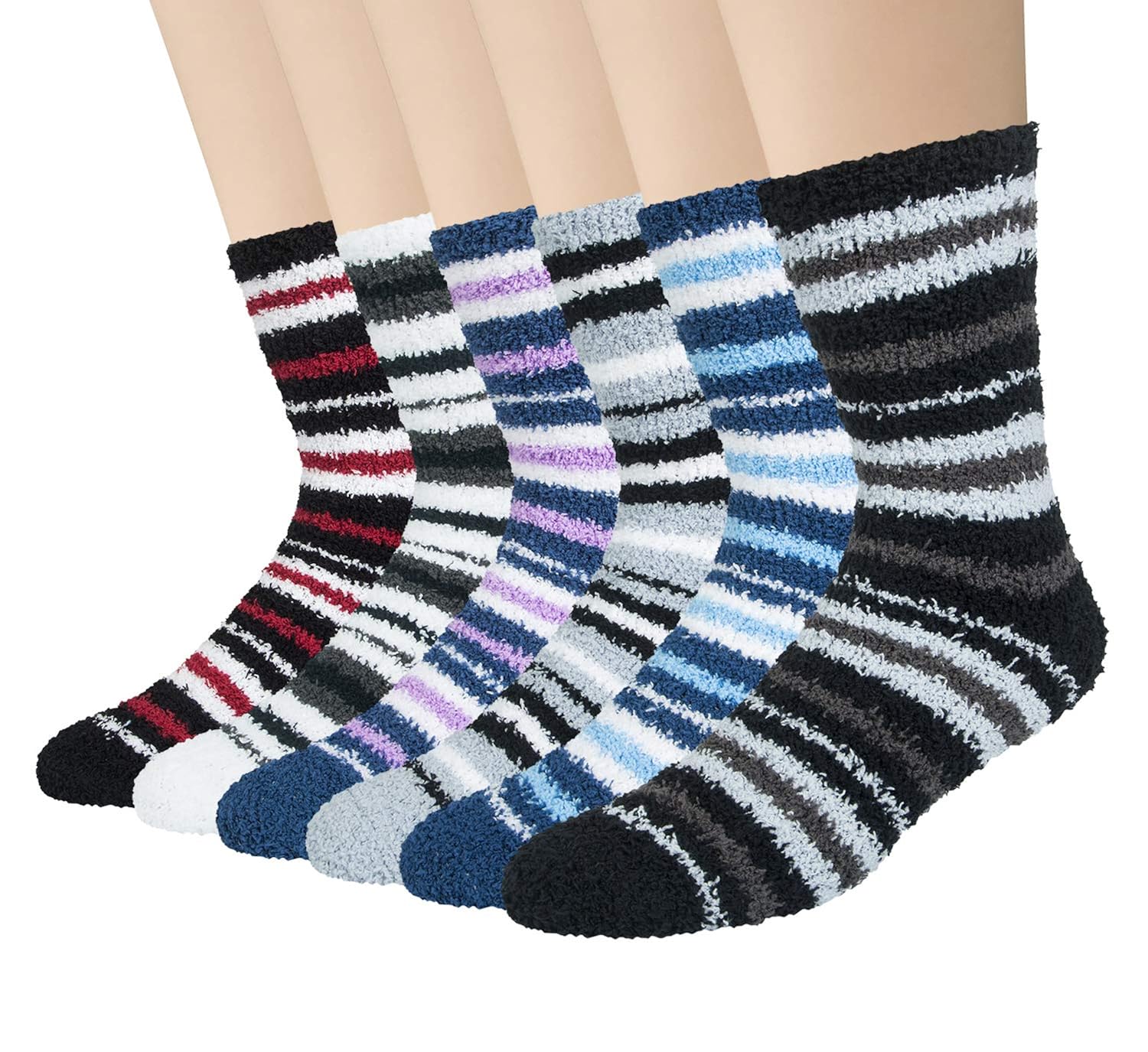 6 Pairs Mens Fuzzy Socks, Fluffy Warm Winter Striped Slipper Socks for