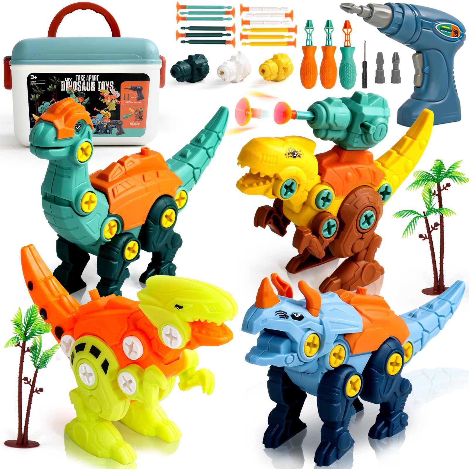 Akokie Dinosaur Toys for Boys Girls Kids Toys for 3 Year Old Boys with Storage Box Electric Drill Construction Take Apart Dinosaur Toy Pretend Gifts for 3 4 5 6 Year Old Boy Girls