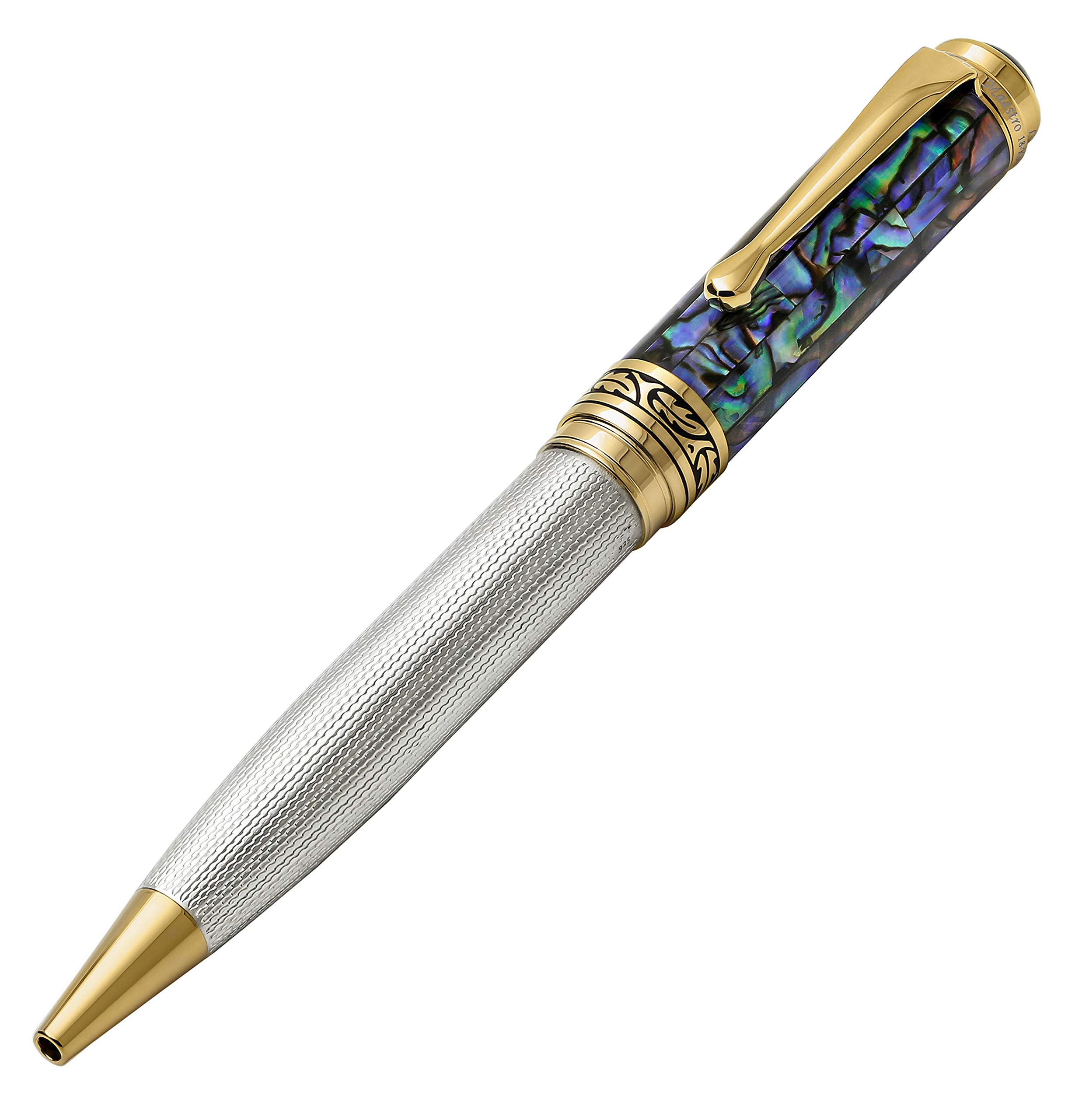 Xezo Maestro Ballpoint Pen, Solid 925 Sterling Silver and Blue Pāua Sea Shell with 18 Karat Gold Plating. Handmade, No Two Alike, Serialized