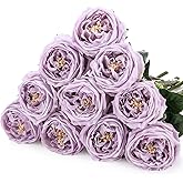 Daifunli 10pcs Real Touch Peonies Artificial Flowers, Faux Austin Rose with Long Stem Look Real Fake Flower for Christmas Valentines Arrangement Wedding Party Home Kitchen Decor (Light Purple)