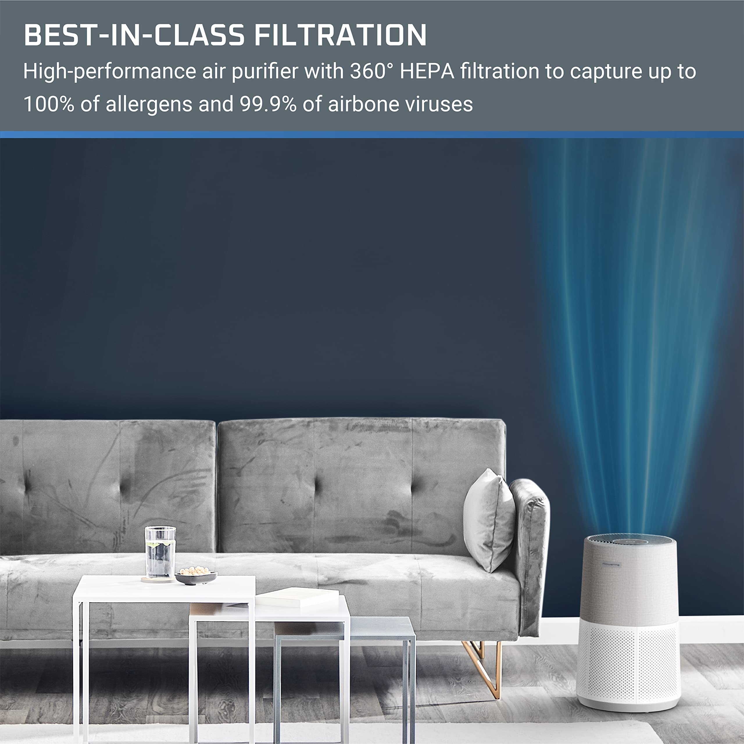 Rowenta Pure Air City Air Purifier 876 Square Foot Room Dust Pet Dander Smoke Mold Pollen Bacteria Virus Allergen, Odor Removal, for Home Office Nursery, HEPA Filter PU2840