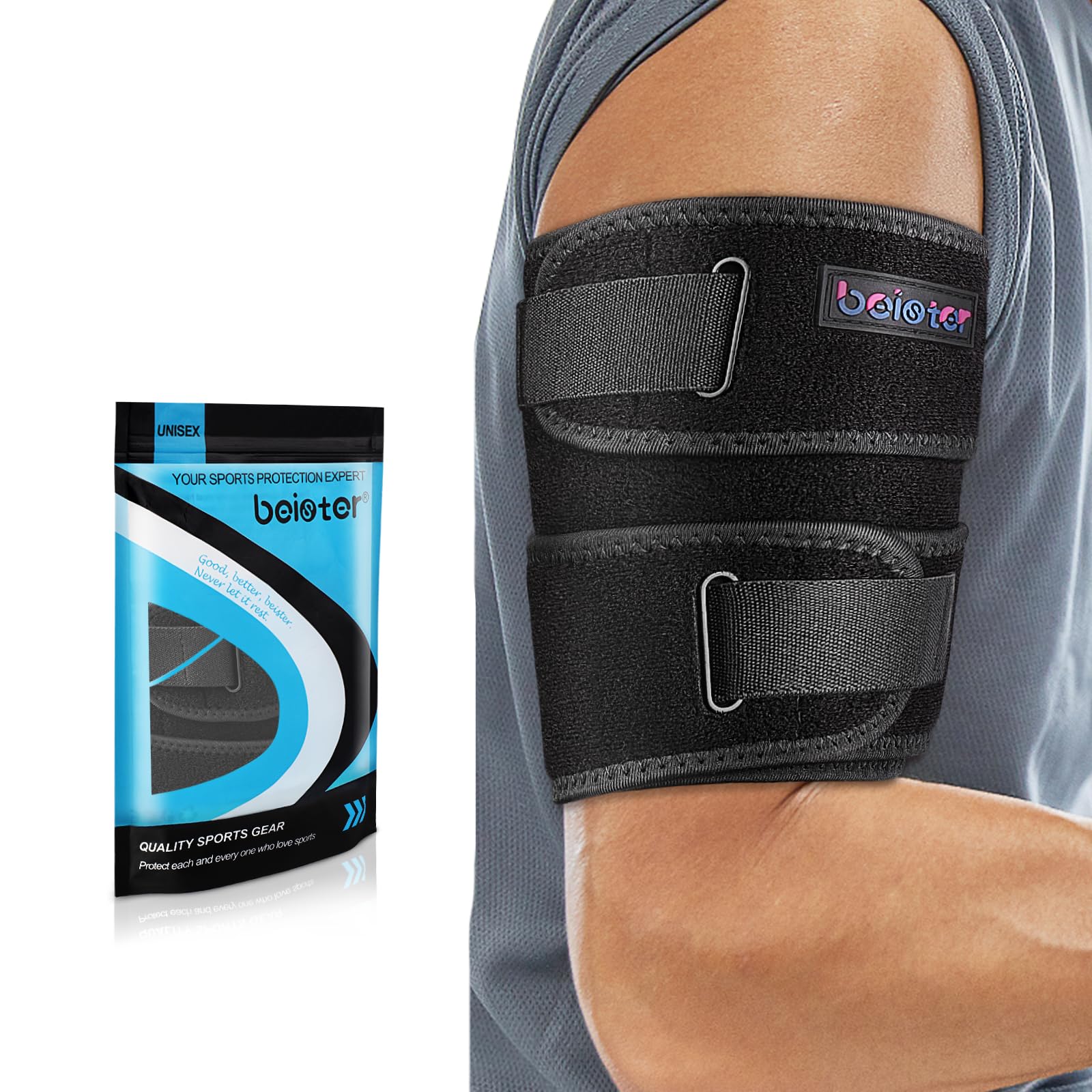 Photo 1 of beister Compression Upper Arm Brace (Single), Biceps Tendonitis Support Brace for Men & Women with 4 Pressure Straps, Triceps Compression Sleeve & Wrap for Muscle Strains, Tendovaginitis, Pain Relief