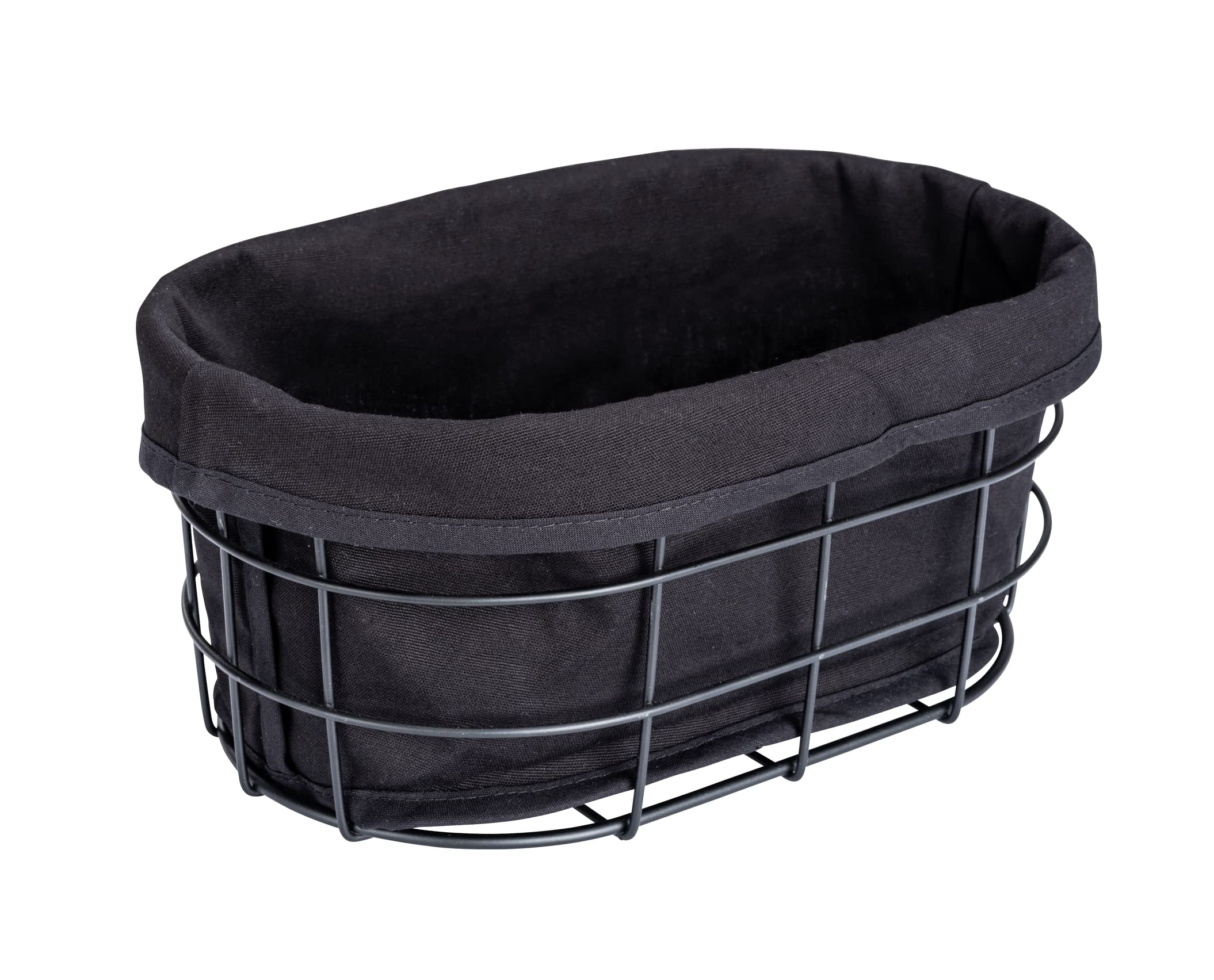 WENKO Bela bread basket, black outdoor kitchen storage basket for bread, rolls and baguettes made of powder-coated metal with removable, washable insert made of 100% cotton, 27 x 17 x 11.5 cm, black