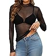 OFEEFAN Womens Long Sleeve Mesh Top See Through Mock Neck Sheer Blouses