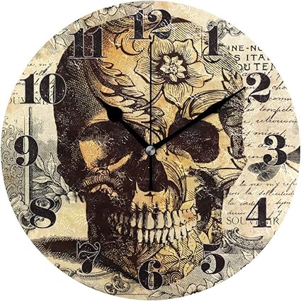 Mnsruu Horloge Murale Ronde Silencieuse Sans Tic Taquage Vintage Tatouage Tete De Mort Art Horloge Pour La Maison Chambre Bureau Facile A Lire Amazon Fr Cuisine Maison