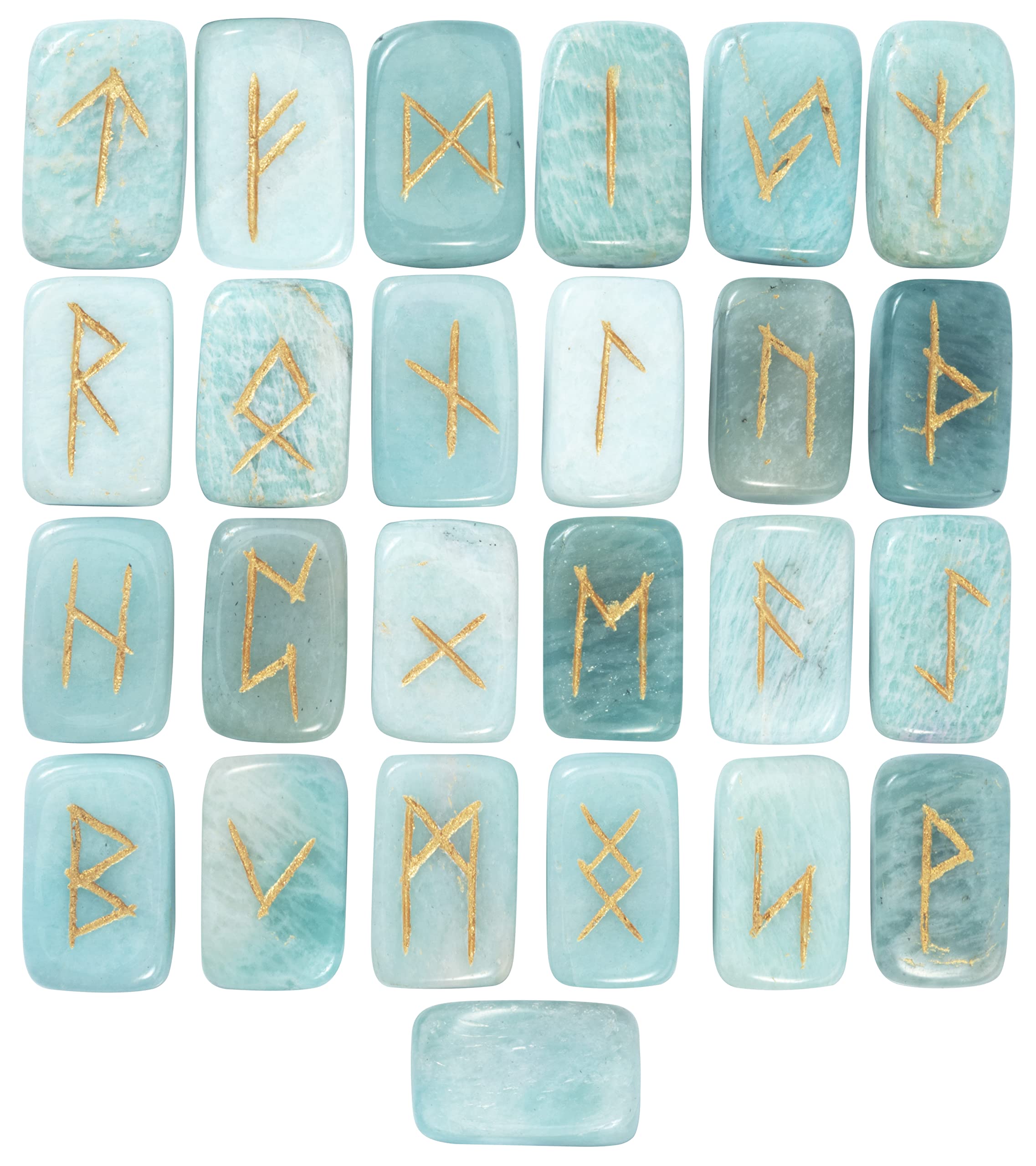 Crocon® Amazonite Rectangle Shape Gemstone Runes with Elder Futhark Alphabet Engraved 25 pcs Rune Set Crystal Divination Metaphysical Healing Chakra Reiki Runes Set with a Pouch Size : 20-25mm