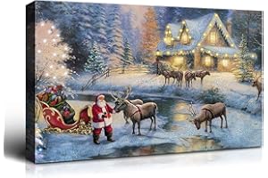 Denozer - Winter Canvas Wall Art Christmas Eve Santa Painting Artwork for Home Wall Decor,Stretched and Framed Ready to Hang - 36x24 inches