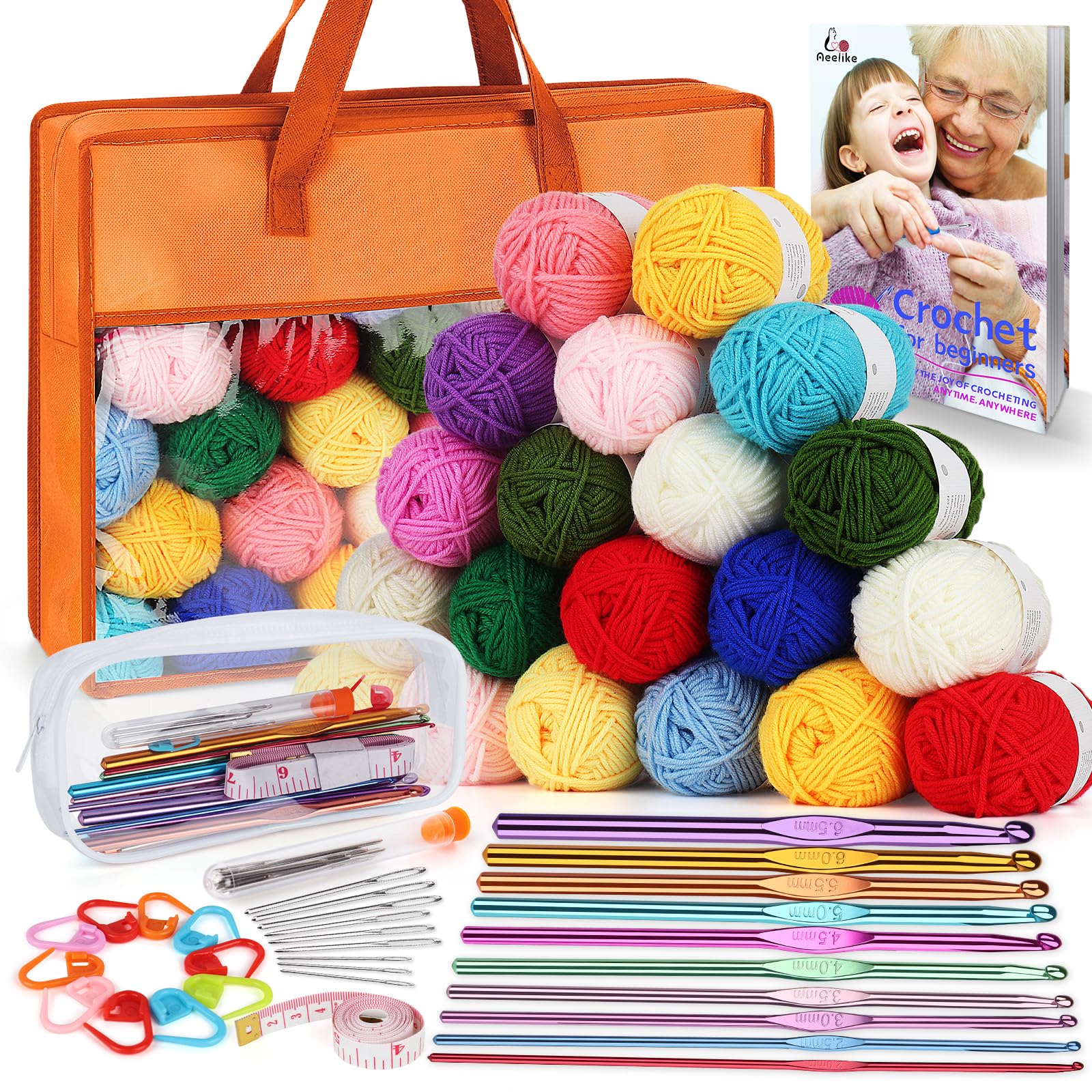 Photo 1 of Aeelike Crochet Yarn for Crocheting, 1093 Yards Acrylic Yarn for Knitting,Full Crochet Kits for Beginners and Professionals, Aluminum Crochet Hooks, Instruction Book and Orange Storage Bag