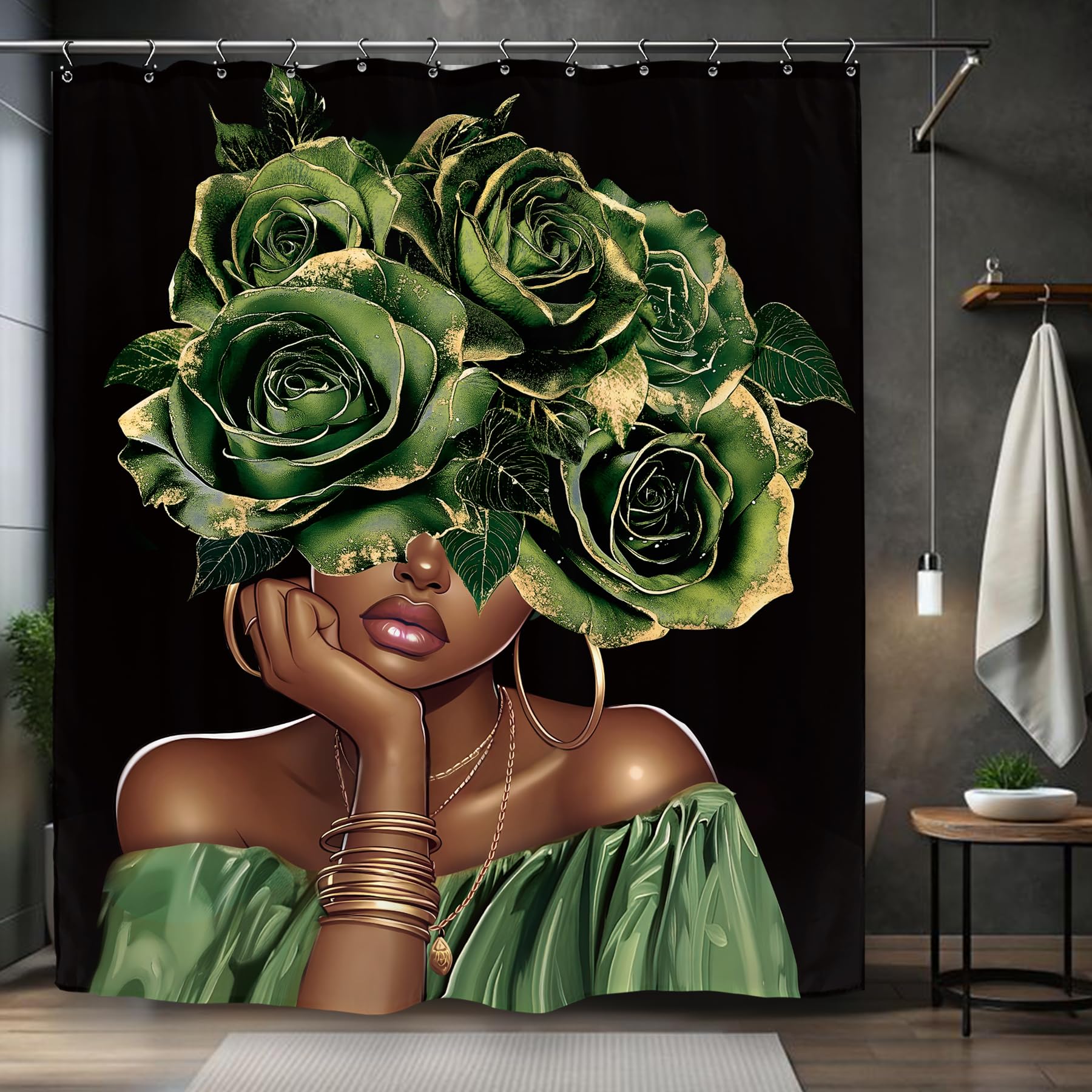 Photo 1 of Kalmico African American Shower Curtain 60Wx72L Inch Black Girl Lady Woman Green Gold Rose Flower Lady Bathroom Set Accessories Decor with 12 Pack Hooks