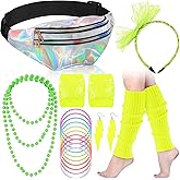 Handepo 19 Pcs 80s Costume Accessories Holographic Fanny Pack Leg Warmers Lace Headband Earrings Gloves Necklace Bracelet