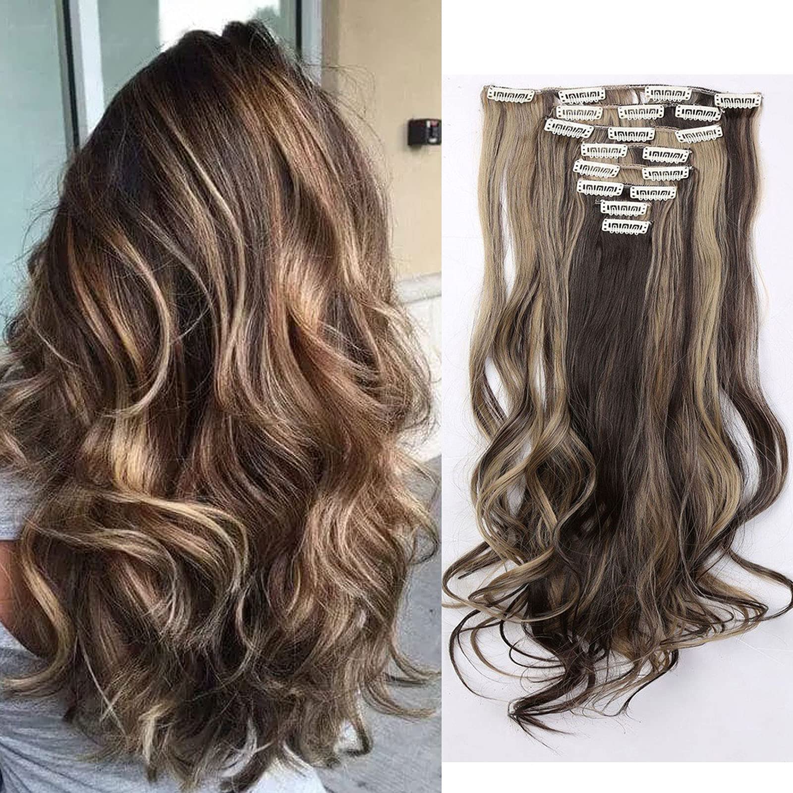 Real Fashion Extensions Clip in Hair Extension Long Curly Wavy 8 Pcs Full Head 18 Clips Synthetic Heat Resistant Hairpiece 24 Inches Curly Dark brown & ash blonde