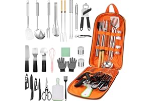 Hozzen Camping Cooking Set - Camping Utensil Set Car Camping Cooking Essentials Gear for Camp Kitchen Cooking and Grilling, Stainless Steel & Silicone Ideal Gift for RV Tent Camper, Picnics, BBQs
