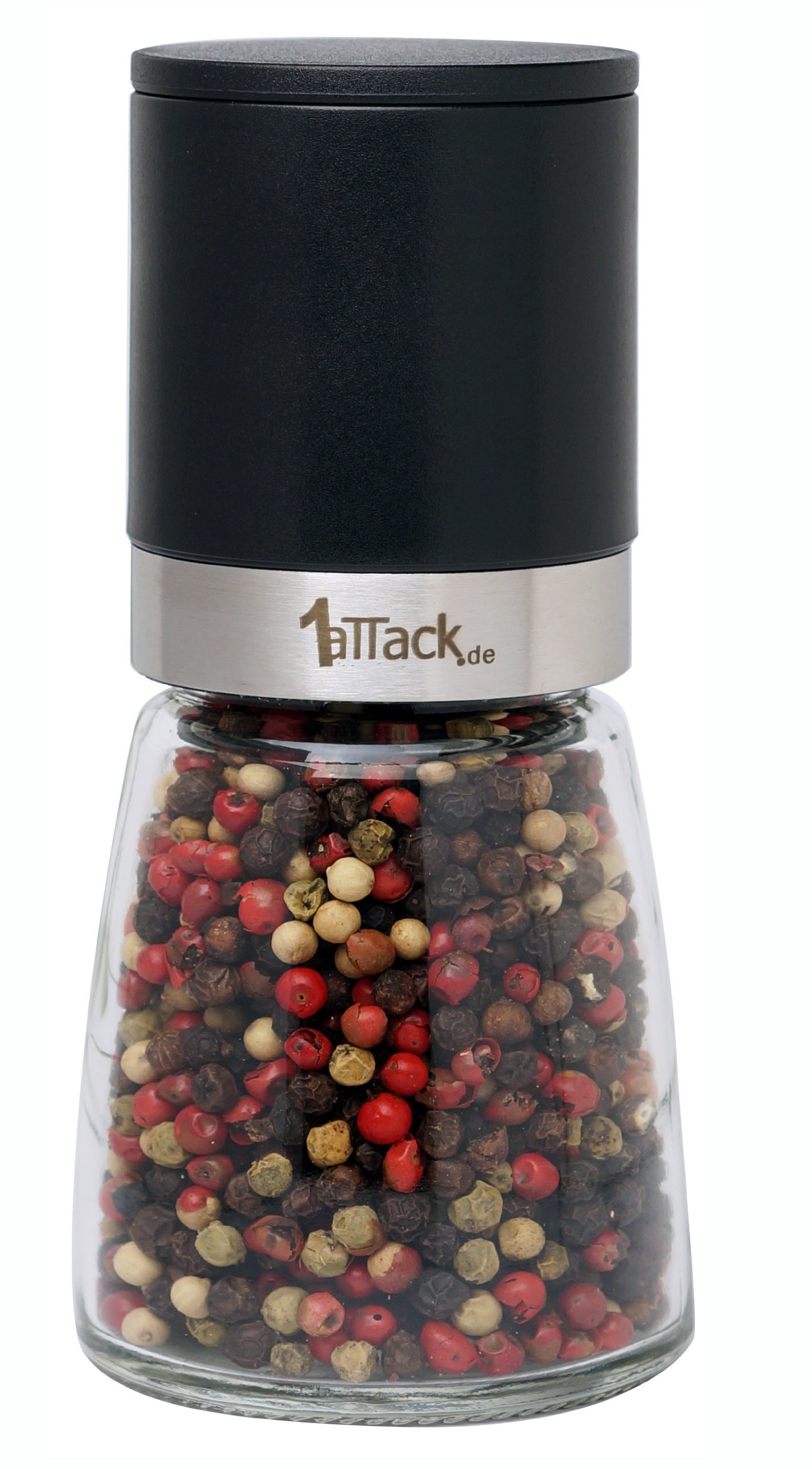 1aTTack.de Pepper, salt or spice mill, unfilled, with ceramic grinder, in gift box, 140 ml / 13.5 cm high, black with stainless steel