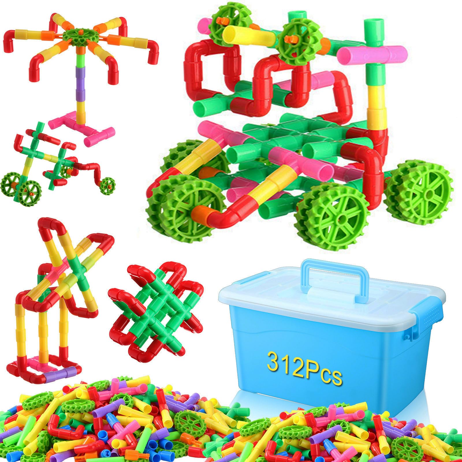 Photo 1 of Libima 312 Pcs Tubular Pipes Building Blocks for Kids, Stem Building Blocks, Pipe Tube Locks Construction Set with Storage Box, Preschool Educational Learning Blocks for Boys Girls