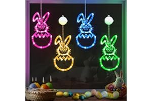 SAKAYO [Timer] Easter Bunny Eggs Window Lights 4 Pack, Blue Pink Yellow Green Easter Lights Battery Operated with Suction Cup Hook, Hanging Cute Easter Window Decorations for Indoor Home Farmhouse Decor